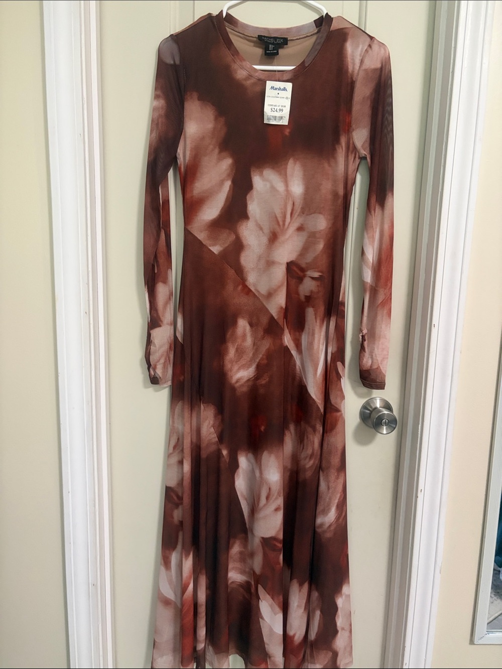 NWT RACHAEL ZOE Brown and Cream Floral Long-Sleeve Maxi Dress SZ S - Picture 2 of 4